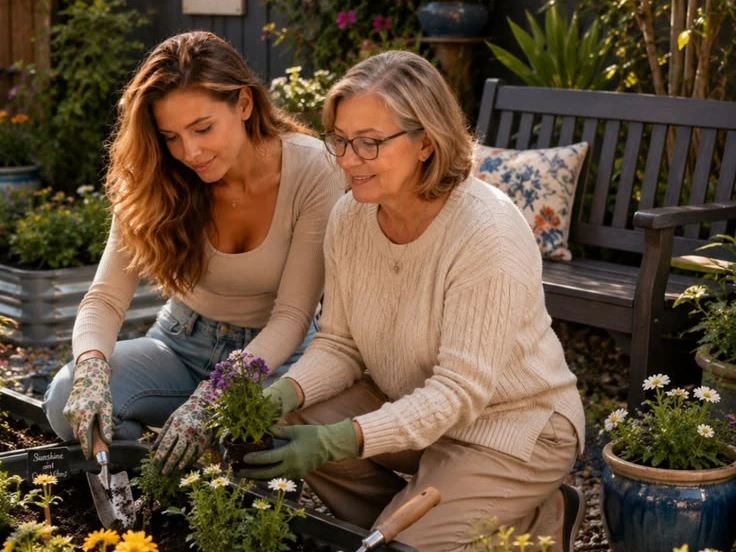 Mother and adult daughter planting flowers together outdoors.
