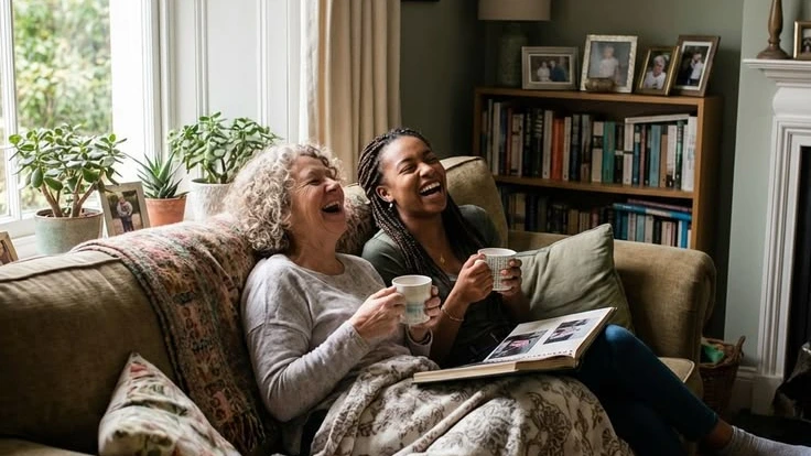 Two women laughing together on a sofa at home, holding cups of tea with an open photo album across their laps.