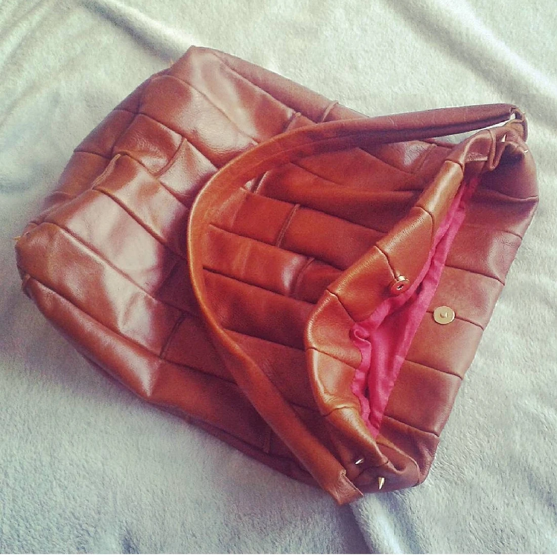 Brown patchwork leather handbag handmade by Ania.
